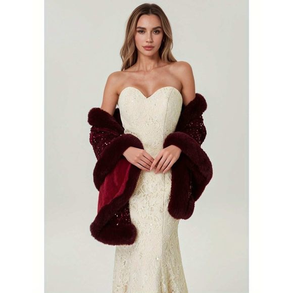 Fashion Sequins Faux Fur Shawl For Women Winter Fur Coat Wedding Party Stole😻 - Picture 3 of 6